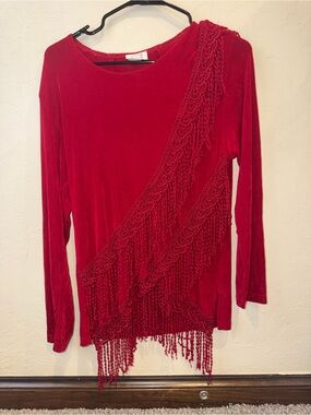 Jostar Women’s Red Fringe Lace Trim Round Neck Long Sleeve Top Size S